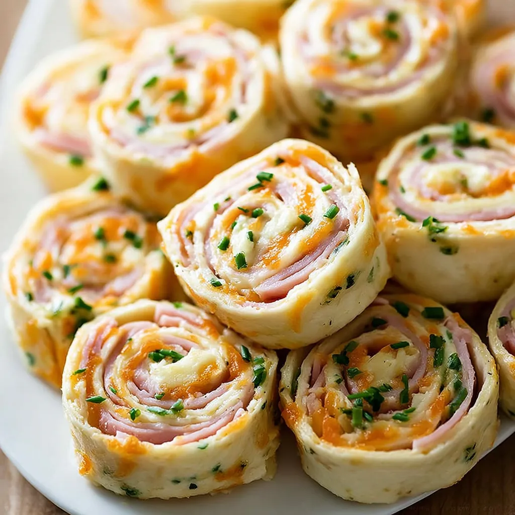 A plate of ham and cheese pinwheels.