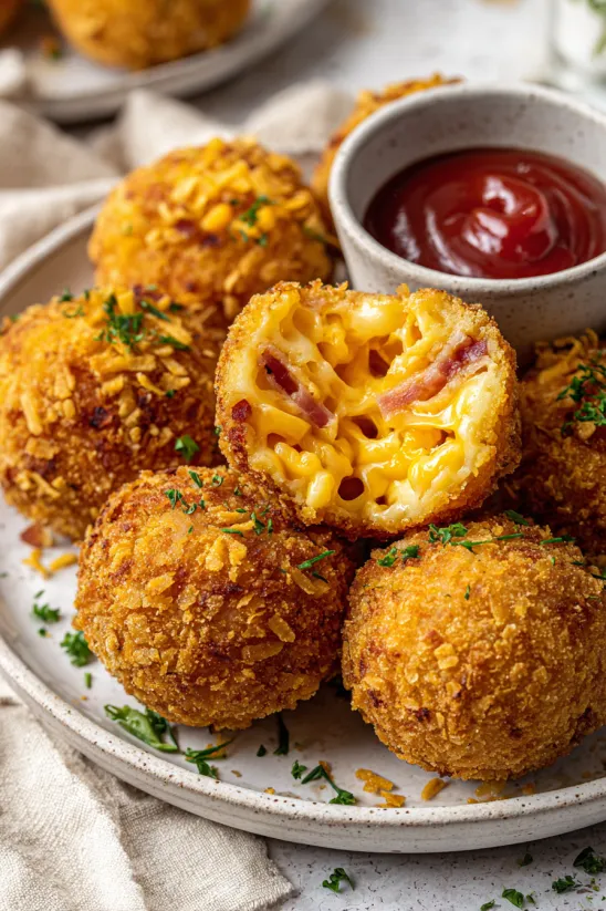 A plate of Arancini with cheese and bacon.