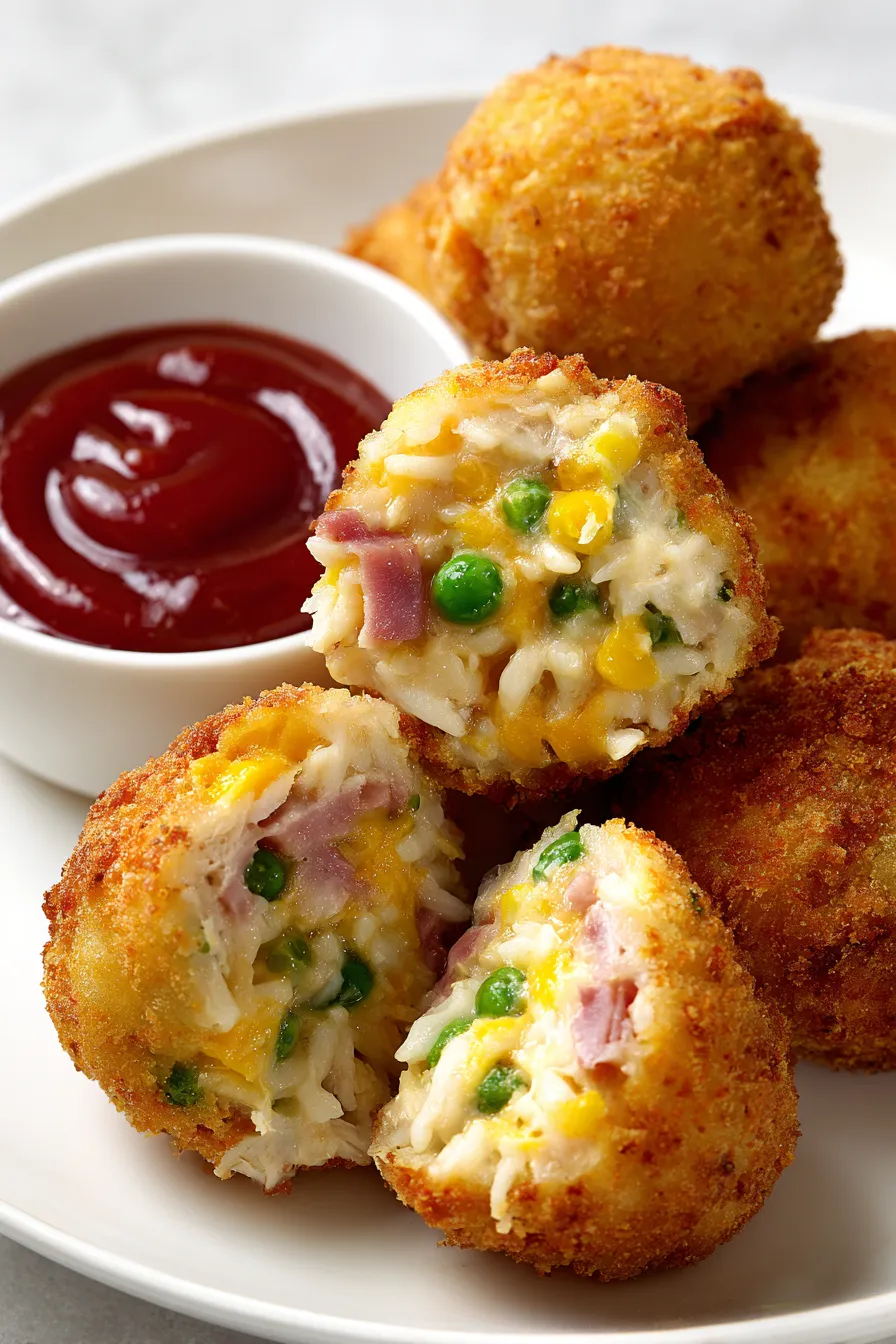 A bowl of arancini with ketchup.