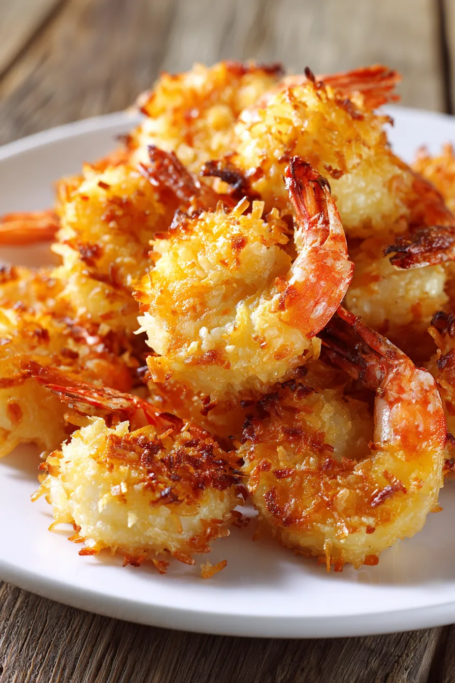 A plate of shrimp with a golden brown coconut topping.