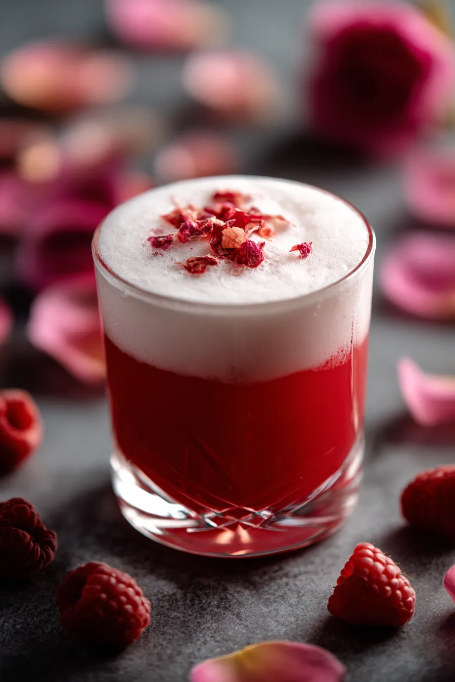 A glass of Love Potion #9 Cocktail with a rose petal on top.