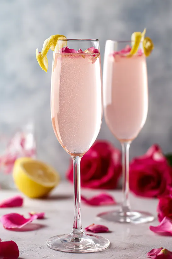 Two glasses of pink drinks with lemon slices and rose petals.