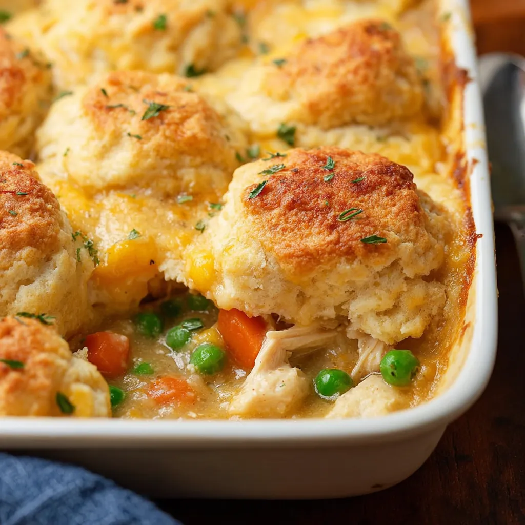 A dish of chicken cobbler with biscuits and peas.