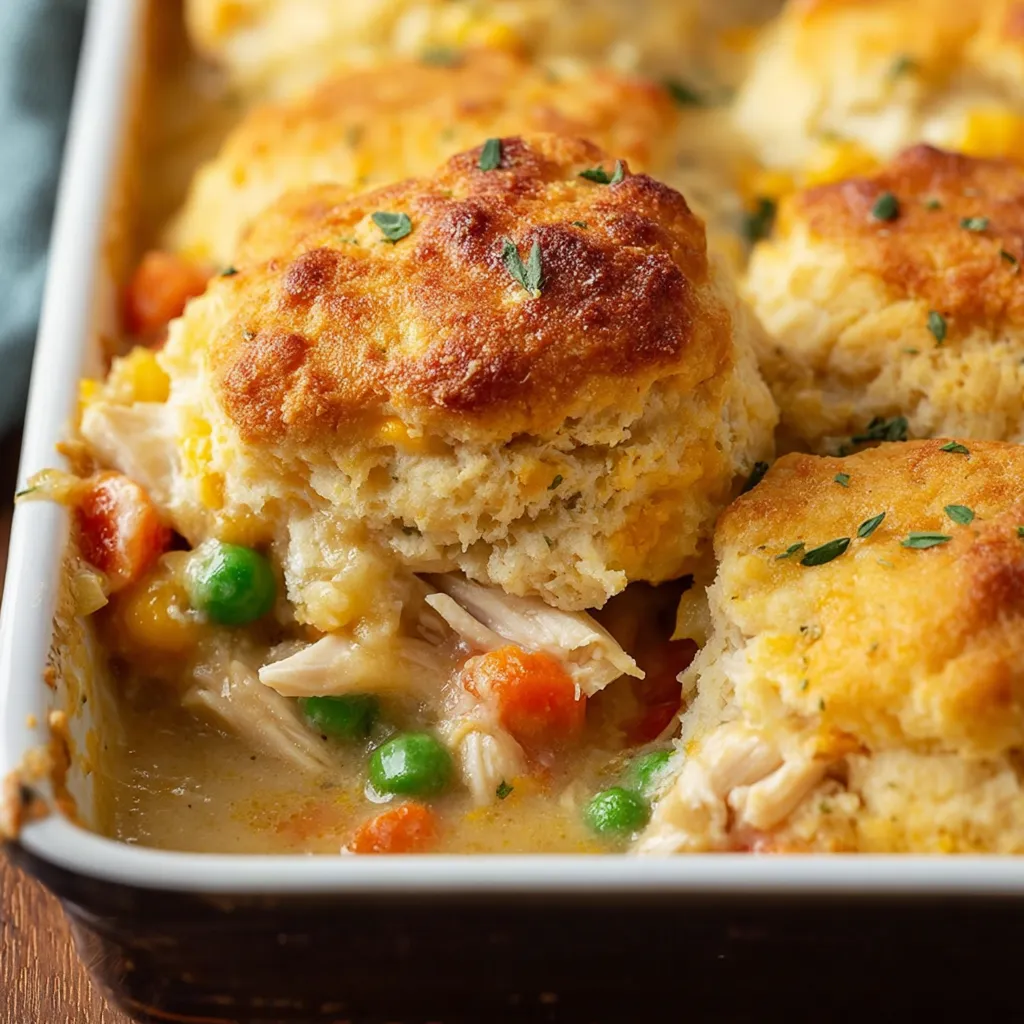A dish with chicken and biscuits.