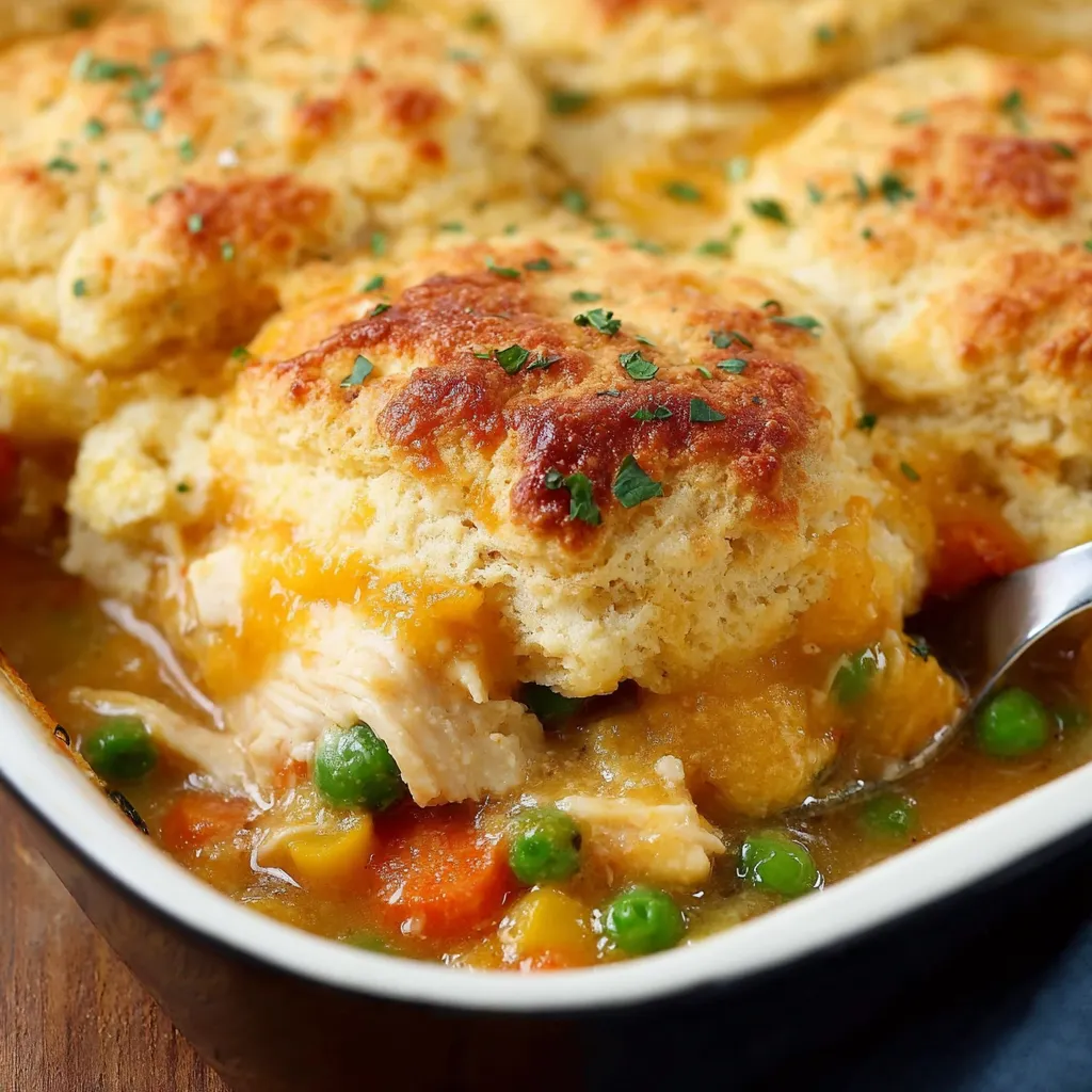 A dish of chicken cobbler with biscuits and peas.