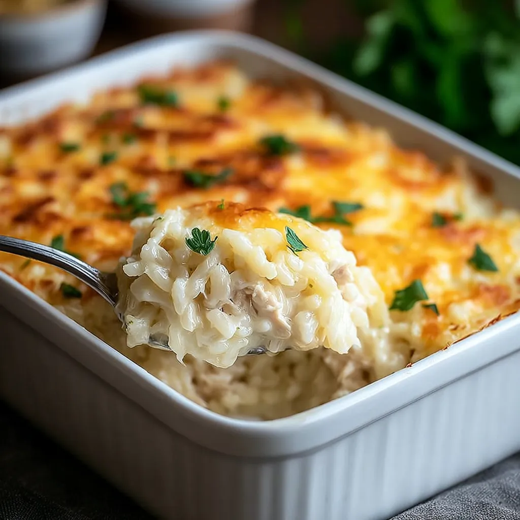 A white bowl with a fork in it filled with a casserole.