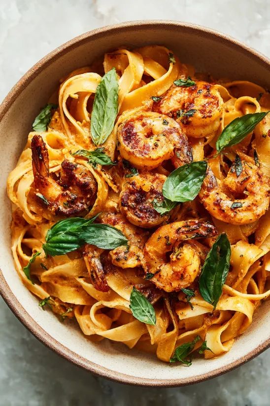 A bowl of shrimp pasta with green leaves on top.