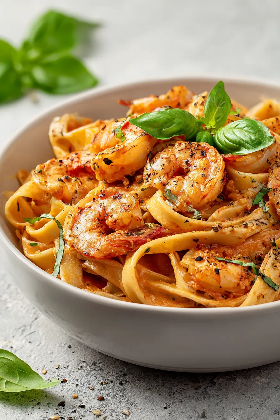 A bowl of shrimp and pasta.