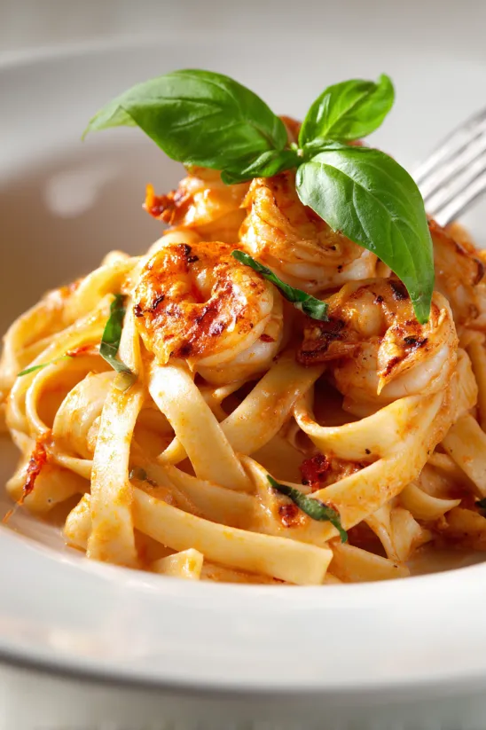 A plate of shrimp pasta with a fork on top.