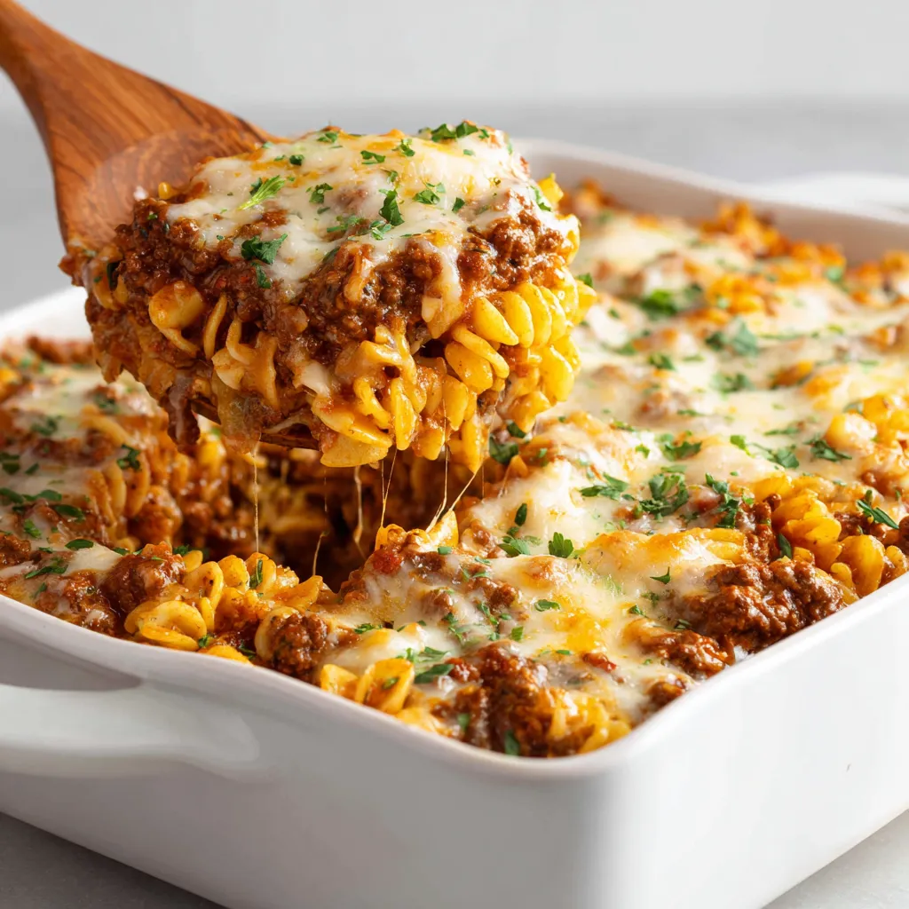 A wooden spoon is being used to serve a taco hashbrown casserole.