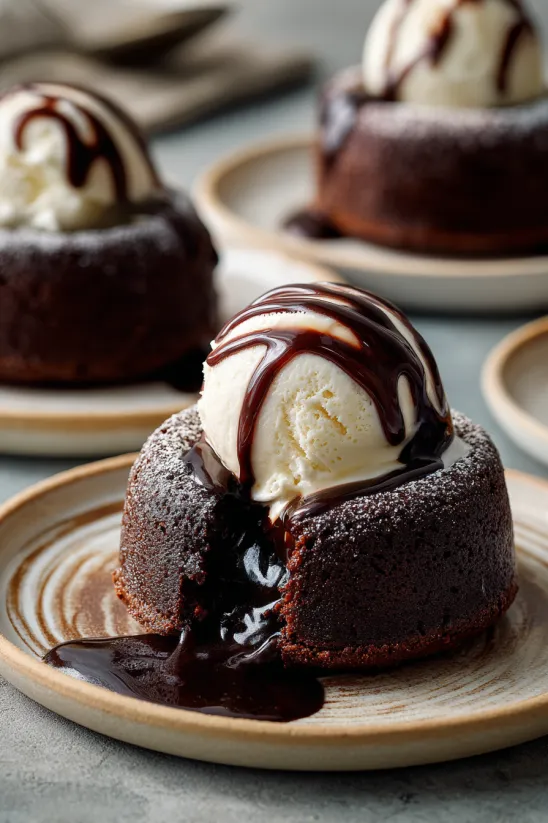 A chocolate lava cake with chocolate drizzle.