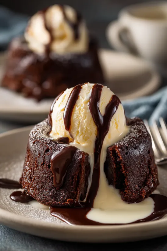 A chocolate cake with a scoop of ice cream on top.