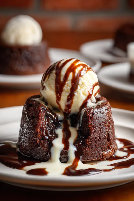 A chocolate cake with a scoop of ice cream on top.