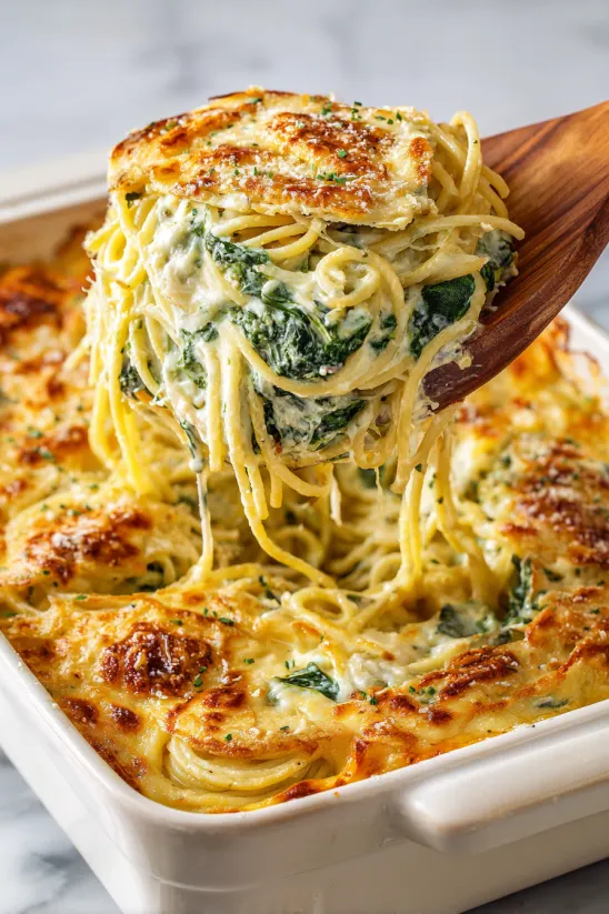 A fork is being used to scoop spaghetti with broccoli and cheese.