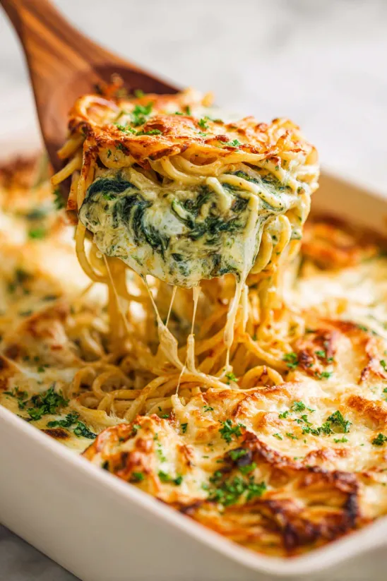 A close up of a spaghetti dish with cheese and spinach.