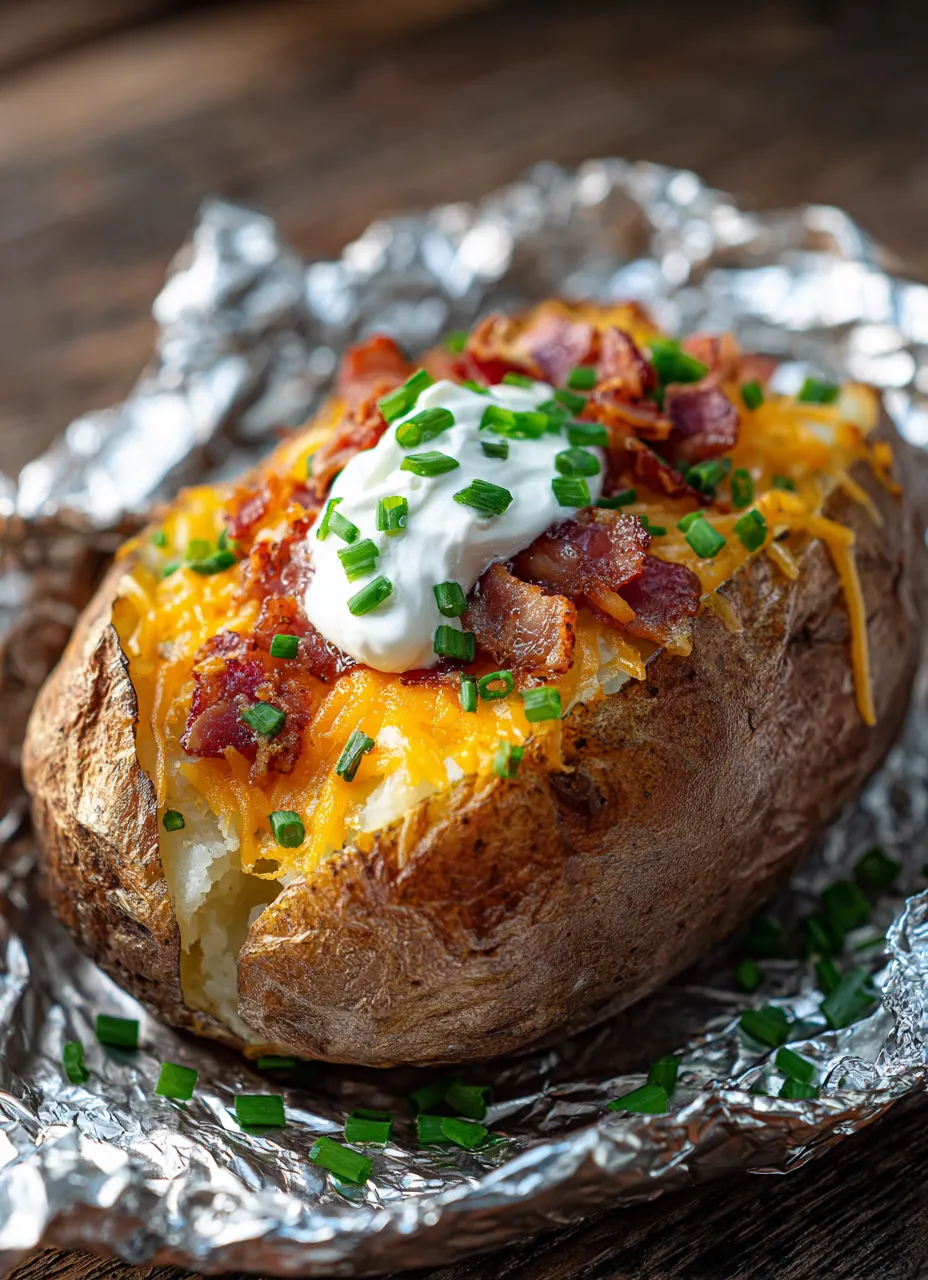 A baked potato with bacon and sour cream on top.
