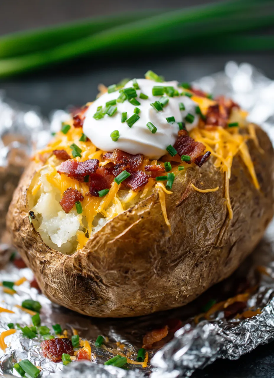 A close up of a baked potato with cheese and bacon on top.