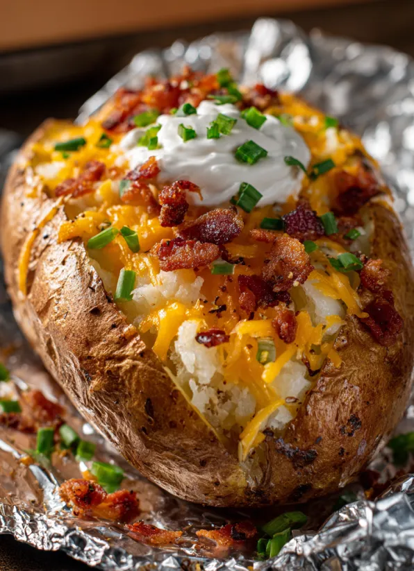 A close up of a baked potato with cheese and bacon.