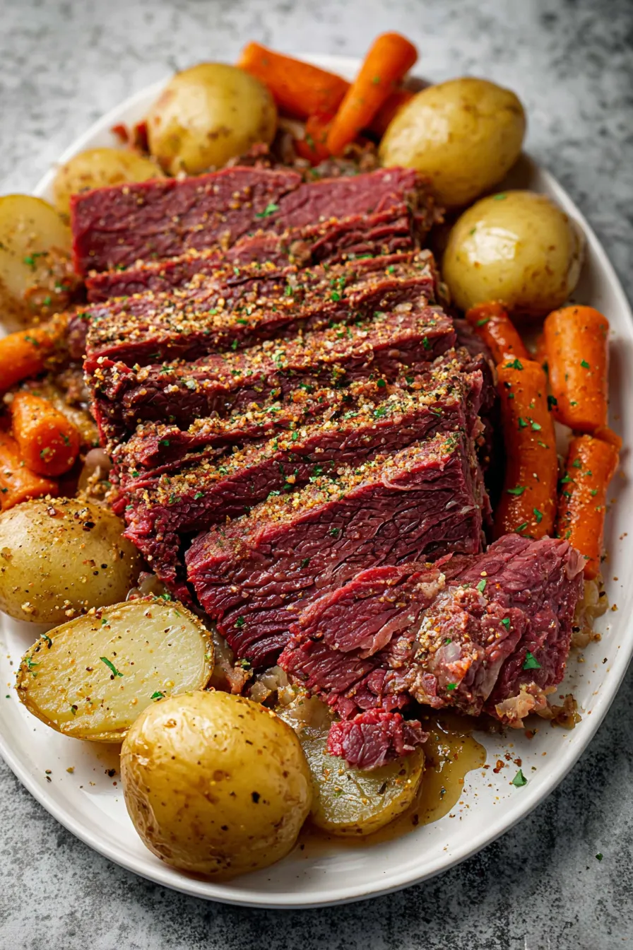 A plate of food with corned beef and potatoes.