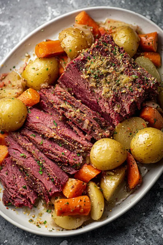 A plate of food with corned beef and potatoes.