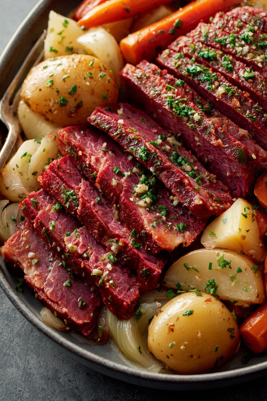 A close up of a crock pot with corned beef and potatoes.
