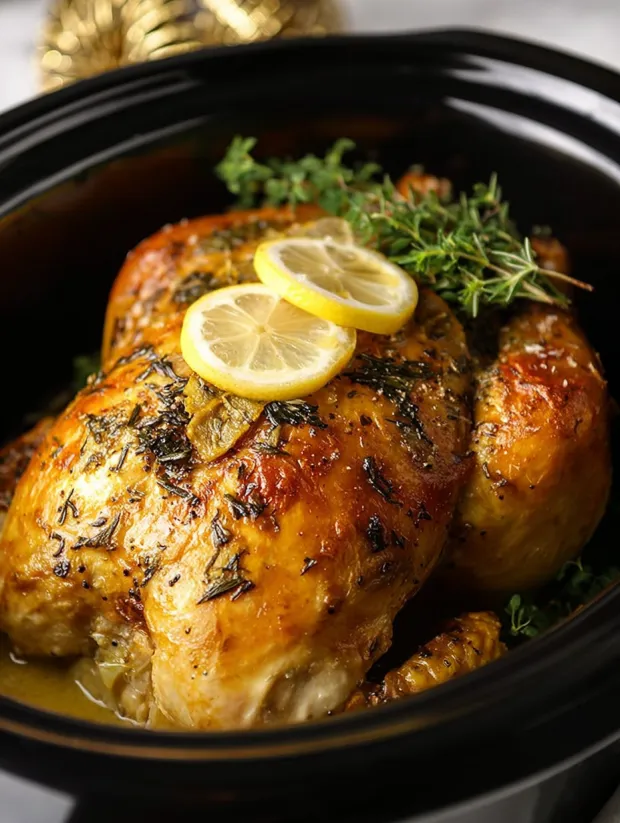 A close up of a roasted chicken with lemon and herb butter.