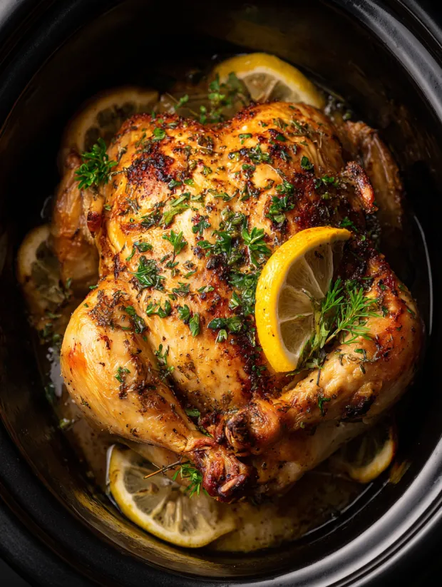 A roasted chicken with lemon and herb butter.