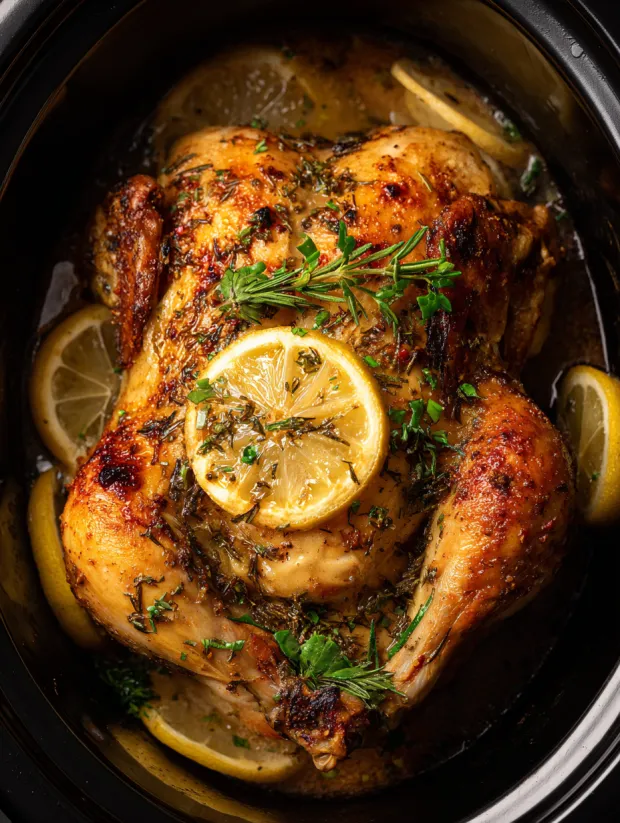 A roasted chicken with lemon and herb butter.