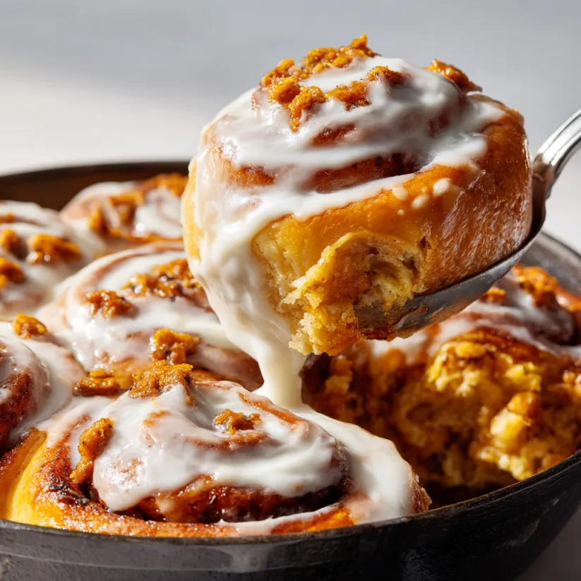 A fork is in a pan with a cinnamon roll.