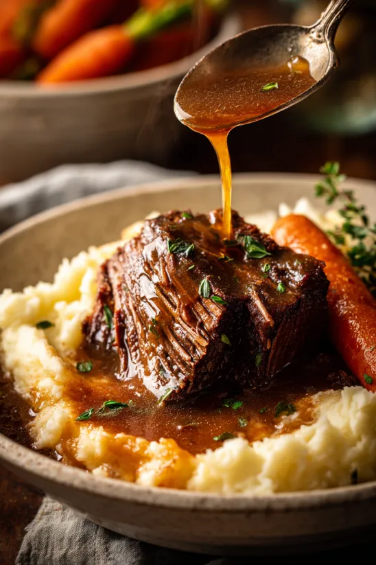 A close up of a pot roast with gravy.