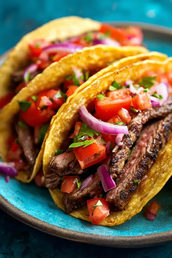 A plate of steak tacos with tomatoes and onions.
