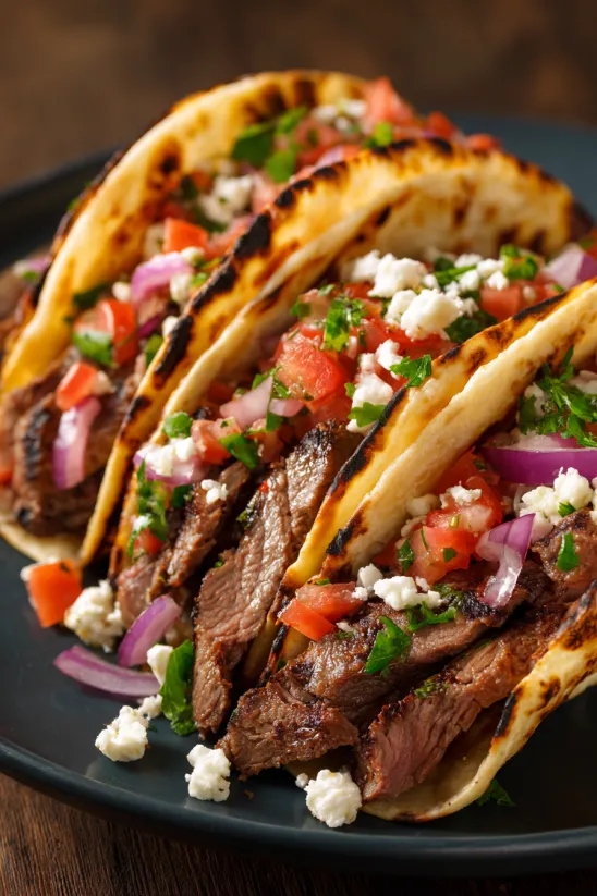 A plate of steak tacos with tomatoes and blue cheese.