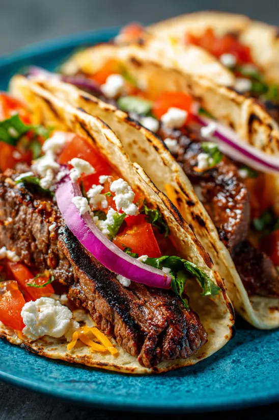 A delicious steak taco recipe with a variety of toppings.