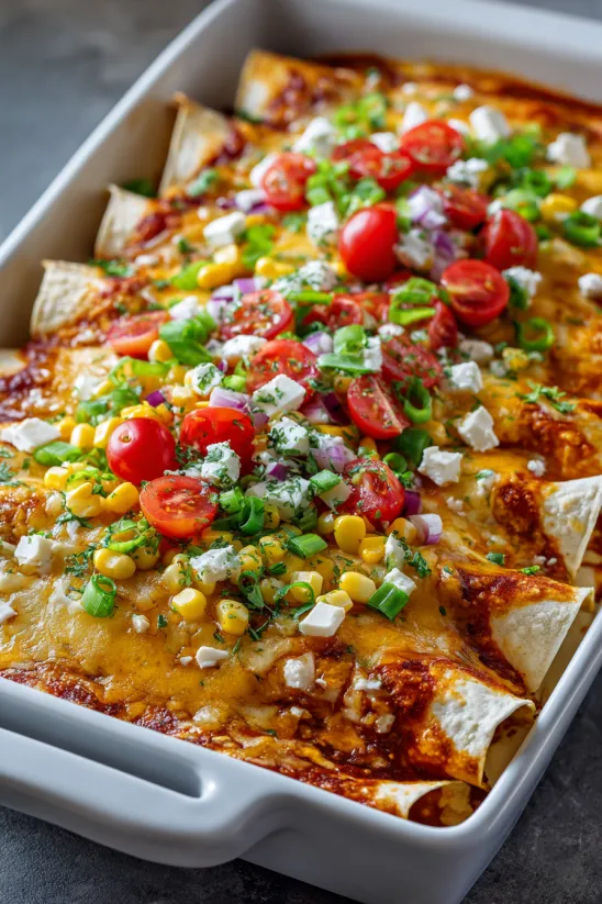 A dish of cheese enchiladas with tomatoes and corn.