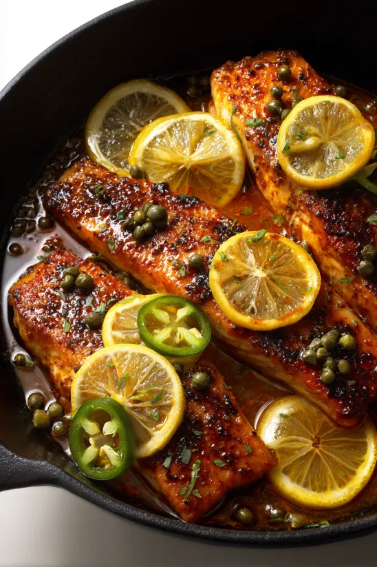 Blackened chicken with lemon and capers.
