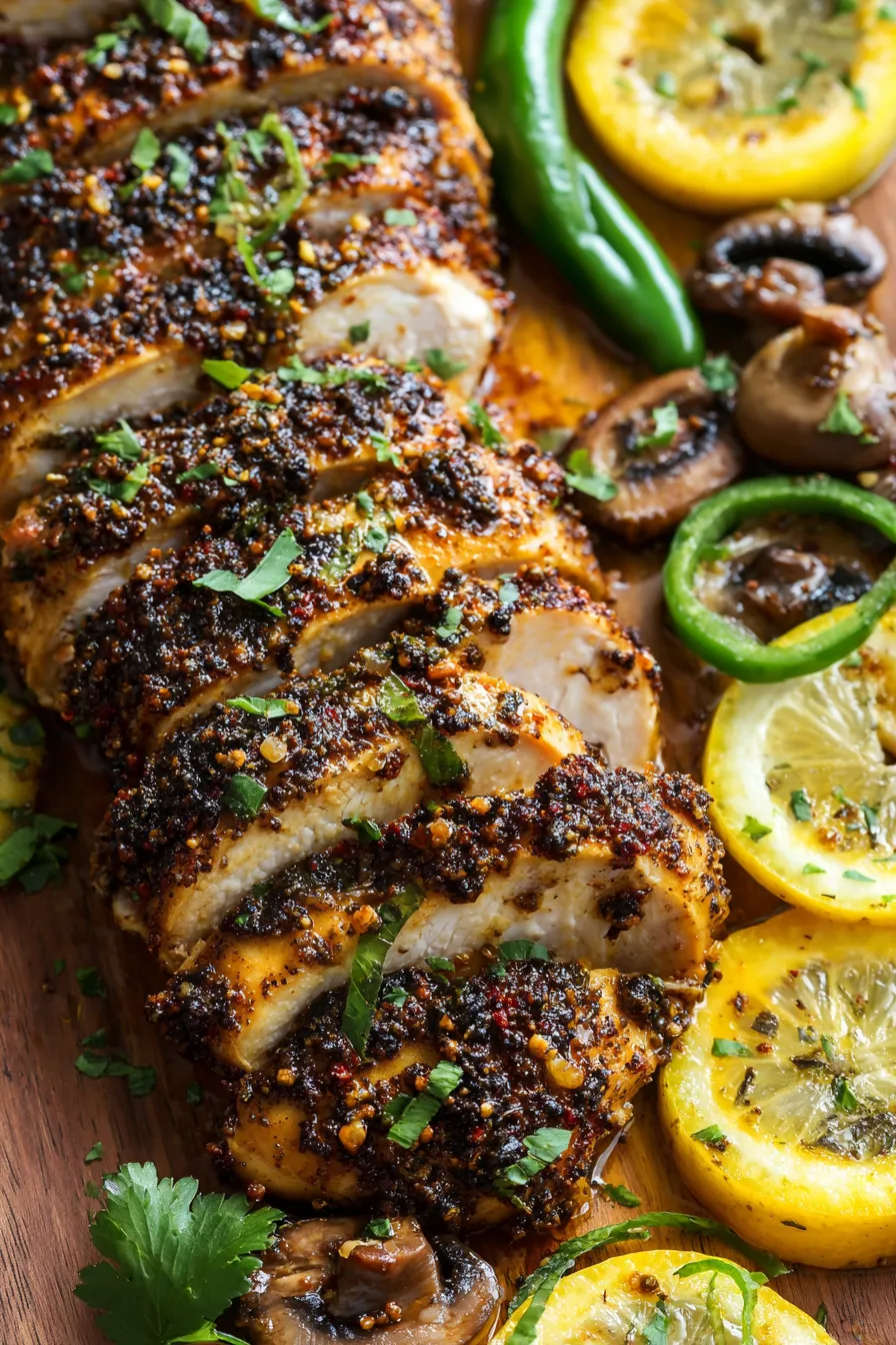 A close up of a piece of blackened chicken.