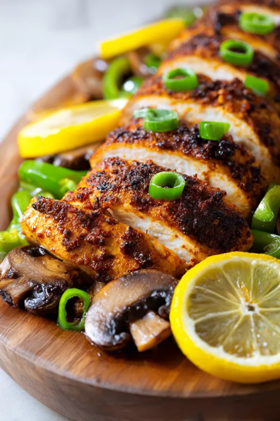 A plate of blackened chicken with mushrooms and lemon wedges.