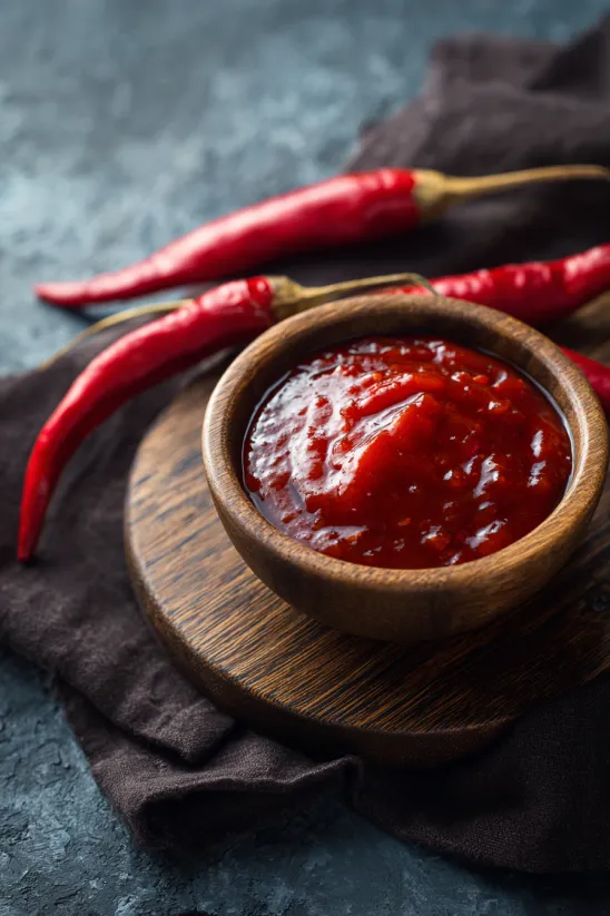 A bowl of sauce with a spoon in it.