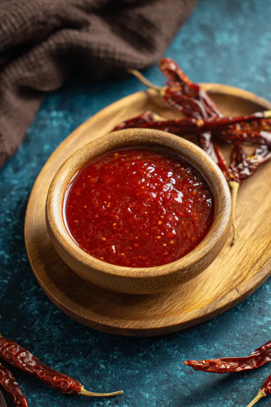 A wooden bowl filled with a red sauce.