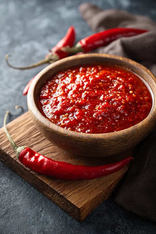 A bowl of red sauce with a pepper on top.