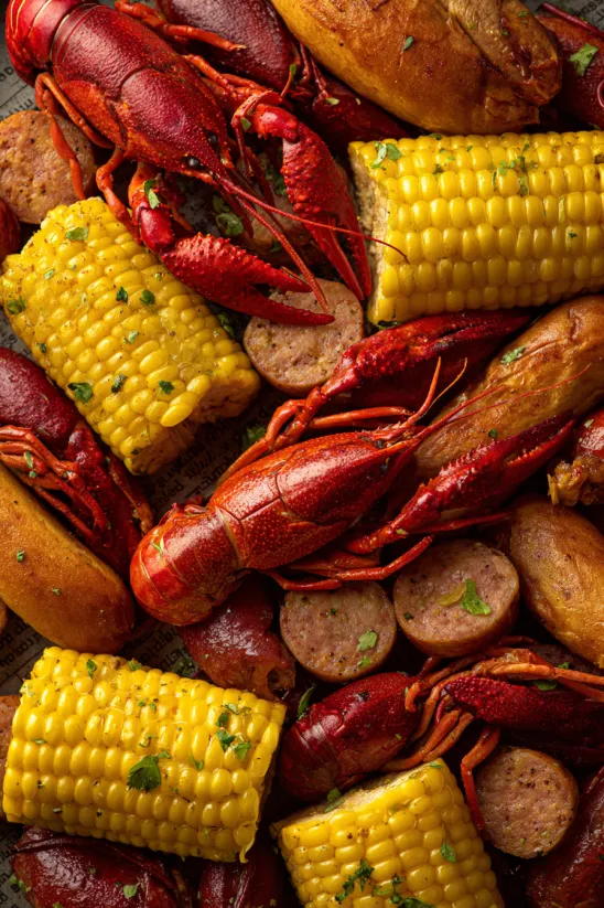 A crawfish boil recipe with corn and sausage.