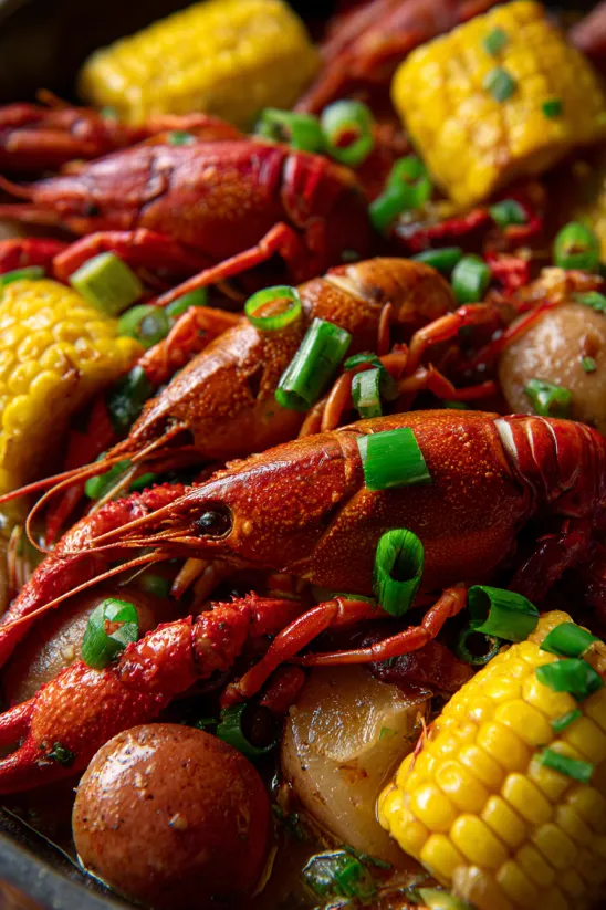 A close up of crawfish and corn on the cob.