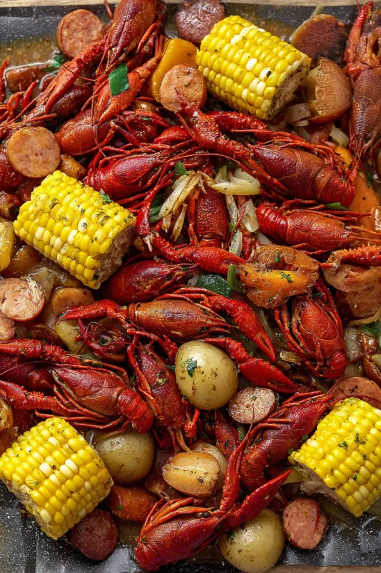 A close up of a crawfish boil with corn and potatoes.