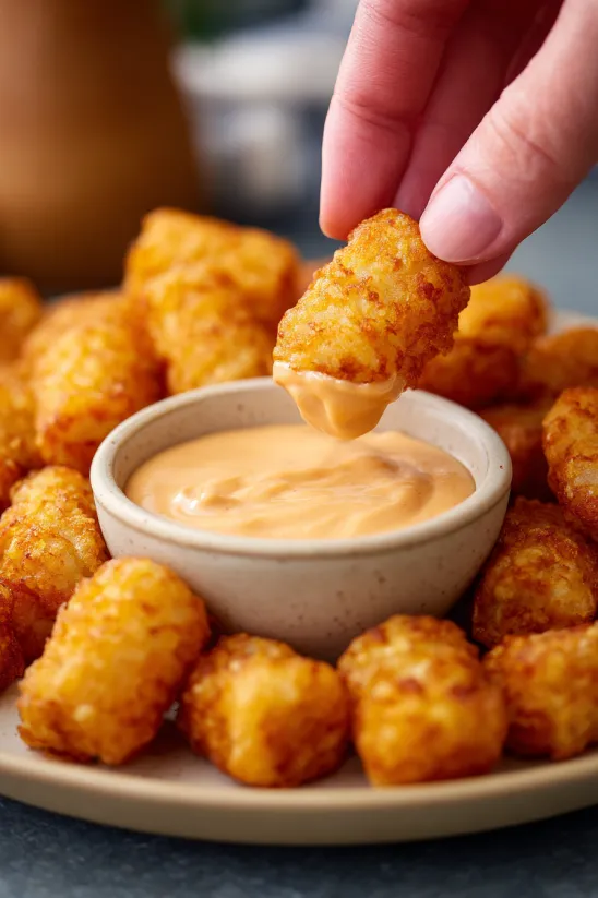 A person is dipping a piece of food into a bowl of sauce.