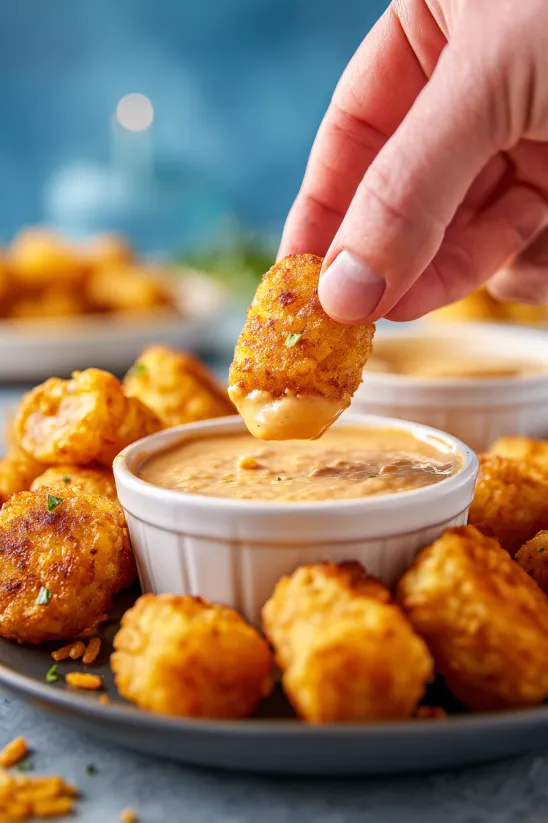 A person is dipping a piece of food into a bowl of sauce.