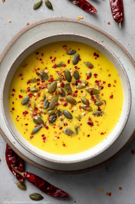 A bowl of soup with pumpkin seeds and spices.