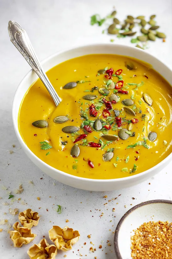 A bowl of soup with a spoon in it.