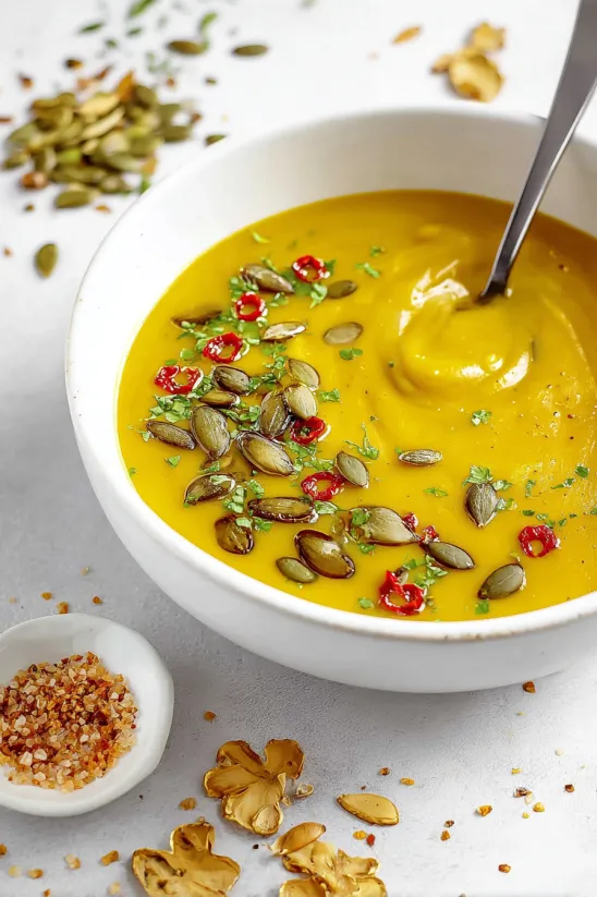 A bowl of soup with pumpkin seeds and red peppers.