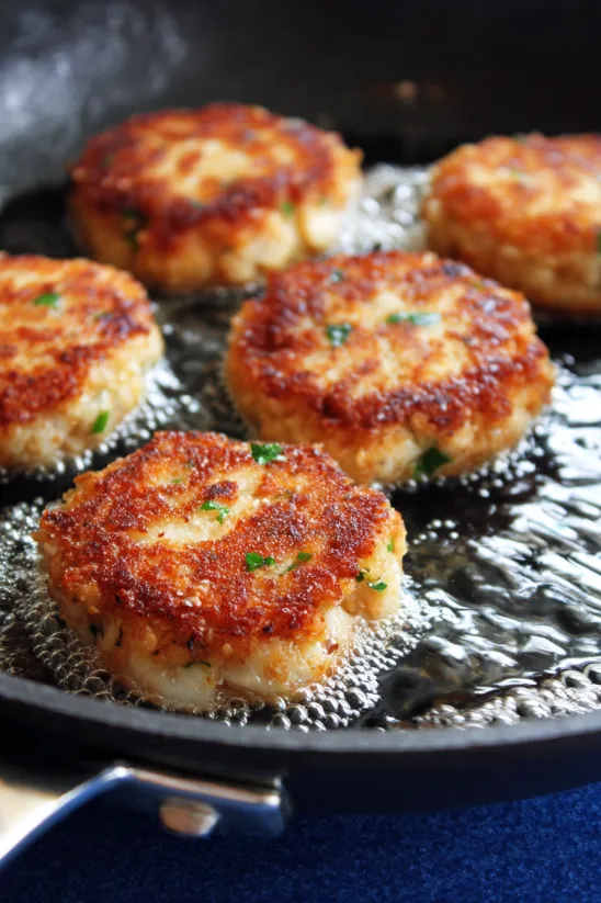 A pan of crab cakes with a creamy sauce.