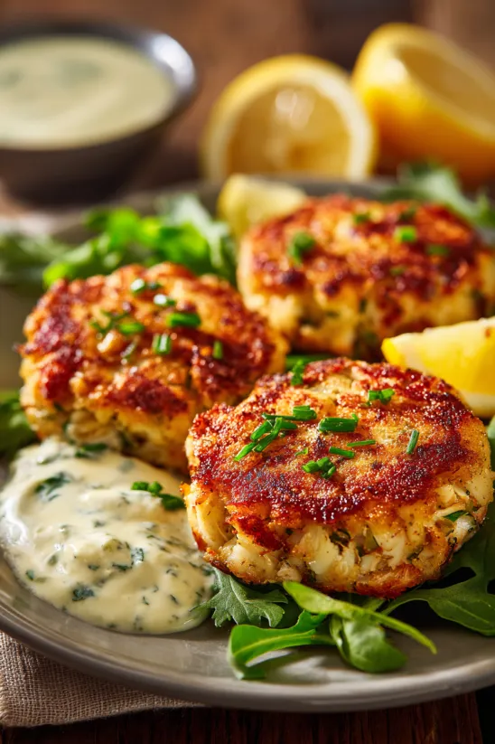 A plate of crab cakes with a creamy sauce.